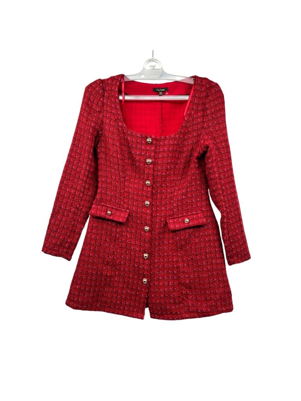 City Studio Tweed Dress Red/Multi Square Neck Long Sleeve Size 11/12 Button Up